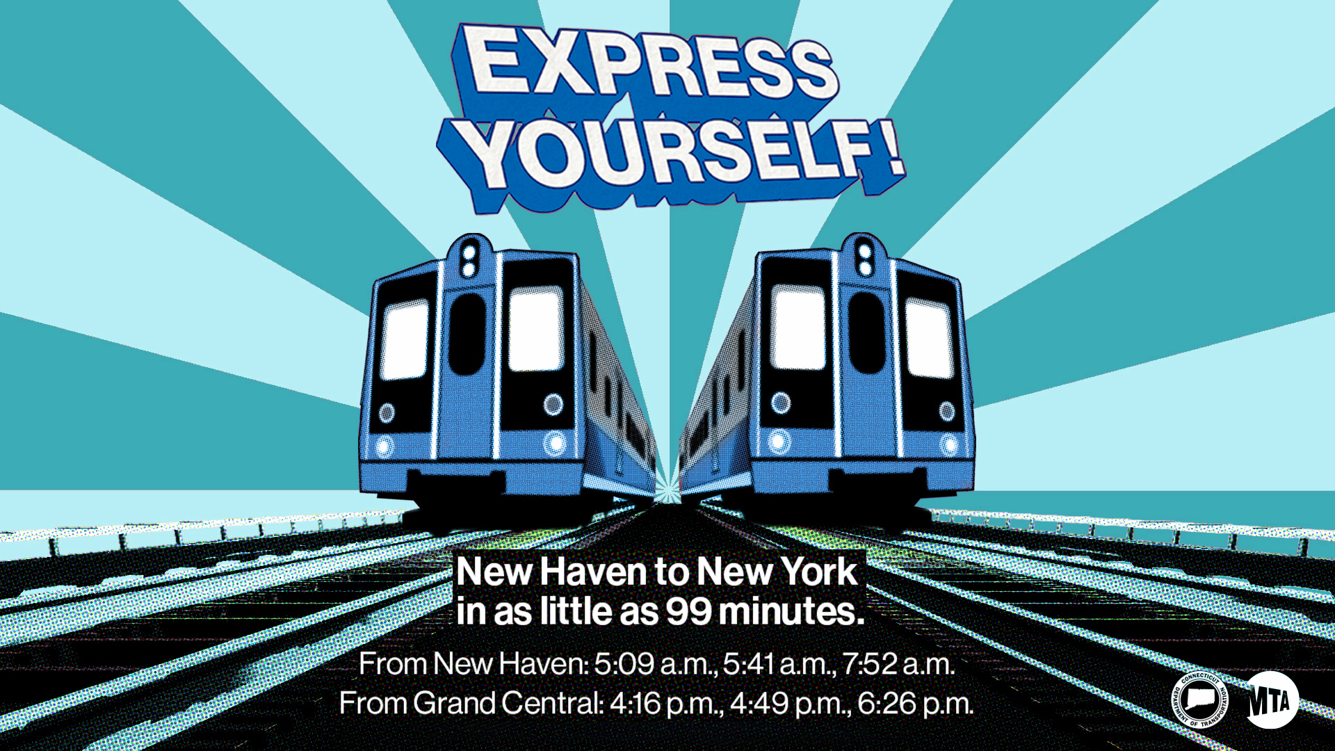 graphic informing people that they can travel from New Haven to New York in as little as 99 minutes.